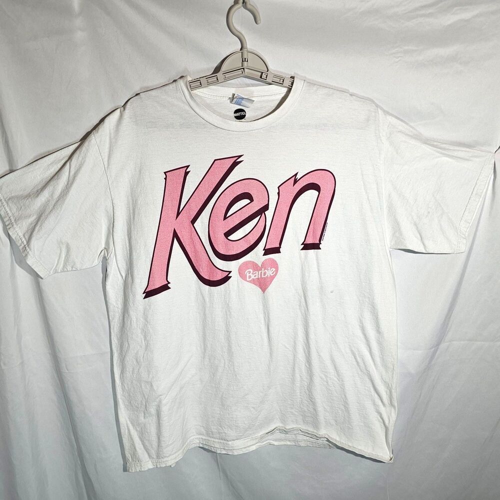 Mattel Barbie Ken Graphic T-Shirt Pink Heart Logo White Port & Company Mens XL